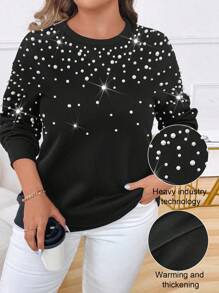 Calvaya Sudadera con cuello redondo de talla grande con decoración de perlas hecha a mano