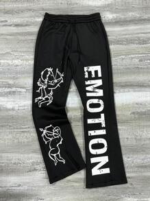 Manfinity EMRG Men's Casual American Street Style Letter & Angel Print Sweatpants, Autumn, Y2k Angel Graphic Drawstring Waist Sweatpants, Black Street Wear Long Sweatpants, For Husband, Boyfriend Gifts