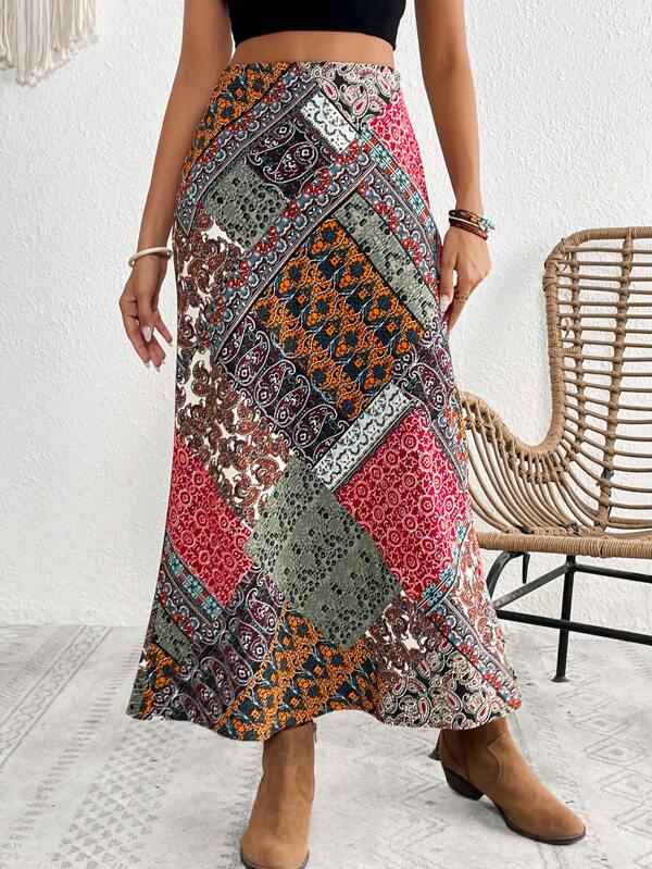 SHEIN VCAY Women's Resort Chiffon Paisley Floral Print Fishtail Midi Skirt