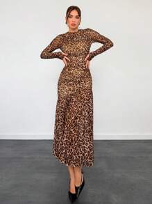 Aloruh Women's Sexy Fashionable Leopard Print Turtleneck Ruched Detail Asymmetrical Hem Dress Leopard Costume Long Sleeve Dress