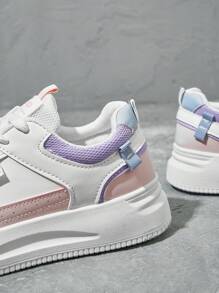 Beok 女士纯色混合简约平底鞋，休闲日常穿着万圣节圣诞节学生鞋滑板鞋秋冬休闲运动鞋 - 粉色 - 查看 6