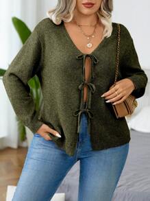 Calvaya Áo khoác cardigan buộc dây phía trước vai rộng rãi, cỡ lớn, mùa thu/đông - xanh quân đội - Xem 3