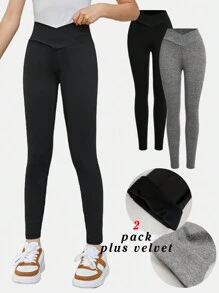 SHEIN Leap Crew 2pcs/Set Tween Girls' Criss-Cross Waistband Thermal Thermal Lined Leggings - Multicolor - View 1