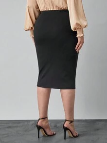 SHEIN Clasi 大码优雅纽扣装饰修身半身裙，适合休闲/工作穿着 - 酒紅色 - 查看 2