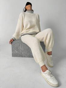 Chiquease Women High Neck Slouchy Knit Top And Elastic Waist Ankle Pants 2 Pieces Set Fall Cloth For Women - Beige - View 5