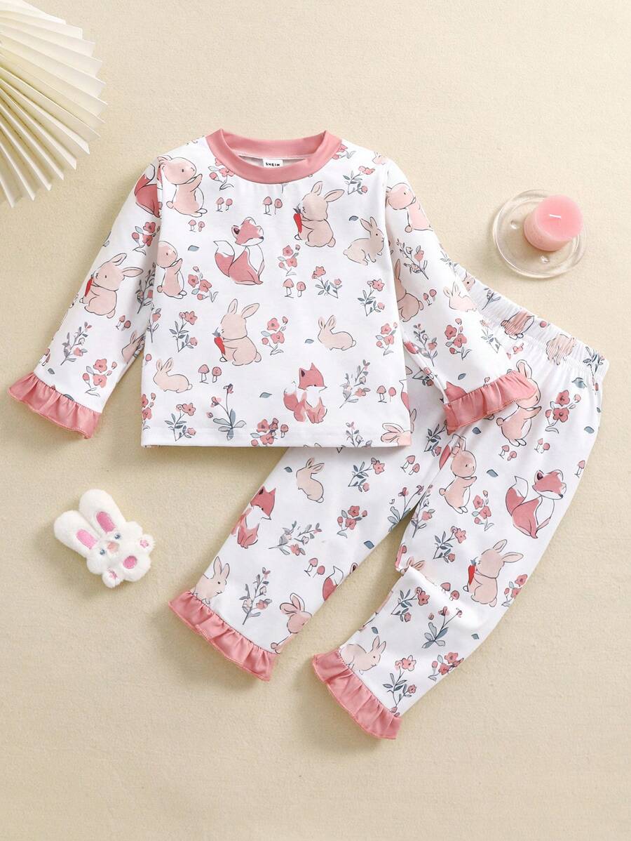 SHEIN Playful Pals 2pcs Baby Girls' Pink Floral Printed Frill Sleeve Pants & Long Sleeve Casual Comfortable Homewear Set