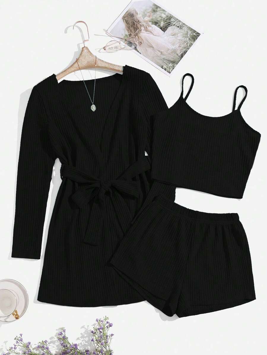 SHEIN 3pcs Women Casual Lounge Set: Solid Color Ribbed Robe & Cami Top & Shorts Cozy Outfit, Fall Winter Clothes - Black - View 1