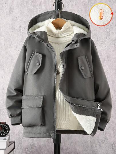 SHEIN Tween Boys' Plain Long Sleeve Zip-Up Hooded Fleece Casual Jacket With Pockets, Winter