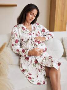 SHEIN Maternity Floral Dolman Sleeve Wrap Tie Front Nursing Dress For Pregnant Women, Autumn