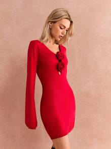 Poéselle 女式花卉贴花 V 领长袖毛衣裙、长袖连衣裙、2024 秋冬、冬装、蓬松、性感红色连衣裙、圣诞节、节日服装、秋季毛衣裙、厚针织衫 2024 秋冬 - 紅色 - 查看 6