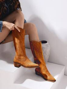 Styleloop Women's Western Style Retro Knee-High Boots - Brown - View 7