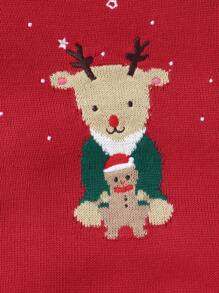 SHEIN 男婴圣诞主题婴儿和幼儿休闲装，包括毛衣连体衣、可爱鹿提花围兜连体衣、时尚工装裤，非常适合日常和节日穿着 - 酒紅色 - 查看 5