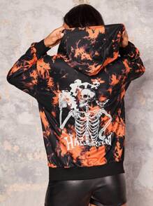 Zolique Casual Flame Orange Black Knitted Long-Sleeved Hoodie With Large Pockets Thick Autumn/Winter Daily Back Offset Halloween Skull Themed Party Ladies Hoodie Pullover Fall Sweatshirt - Black - View 3