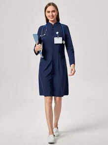 TaskEZ Multiple Pocket Minimalist Nurse Stand Collar Long Sleeve Pocket Dress - Navy Blue - View 7