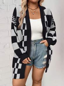 SHEIN LUNE Plus Size Plaid Pattern Casual Cardigan, Long Sleeve, For Winter Fall Cloth For Women