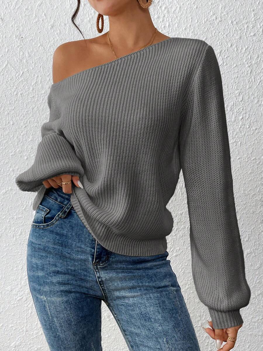SHEIN VCAY 女士休闲纯色不对称领口灯笼袖罗纹针织毛衣，长袖上衣
