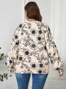 SHEIN LUNE Plus Size Women Floral Print Loose Drop Shoulder T-Shirt, Casual For Everyday Wear, Autumn Thanksgiving Holiday - Beige - View 2