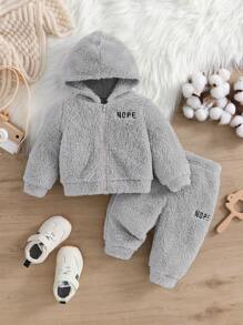 SHEIN 新生男童/女童可爱刺绣字母连帽夹克和裤子 2 件套，秋冬 - 淺灰色 - 查看 10