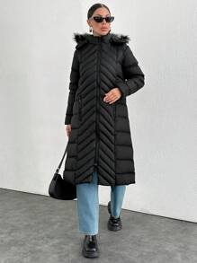 EURMUSE Fur And Zipper Added Padded Long Padded Winter Coat - Black - View 6