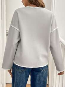 SHEIN Frenchy Veste croisée décontractée pour femmes en automne, avec blocs de couleurs et passepoil - Gris - Voir 2