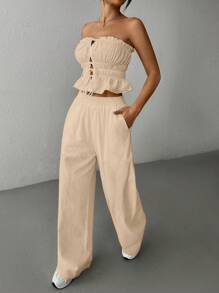 SHEIN EZwear 女士新款亚麻紧身胸衣上衣和裤子套装