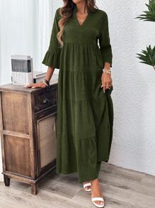 SHEIN LUNE LUNE Textured Solid Flare Sleeve Ruffle Hem Dress - Army Green - View 5
