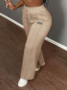Slaydiva Pantalones rectos de color liso con cordón en la cintura, informales - Caqui - Ver 5