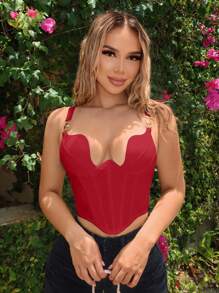 SHEIN SXY Summer;Valentine's Day Ladies Sexy White Deep S Square Asymmetrical Neckline Underwire Fishbone High Elastic High-End Elegant Sexy Sleeveless Silky Skin-Friendly Tight Shoulder Straps Adjustable Short Bra Tank Top Corset - Burgundy - View 2