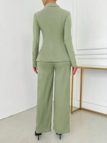 SHEIN SXY Conjunto de blazer y pantalón de mujer con solapa entallada y abotonadura sencilla, elegante para otoño/invierno - verde menta - Ver 2