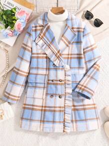 SHEIN Tween Girl Plaid Print Lapel Collar Ruffle Trim Flap Pocket Pea Overcoat - Multicolor - View 1