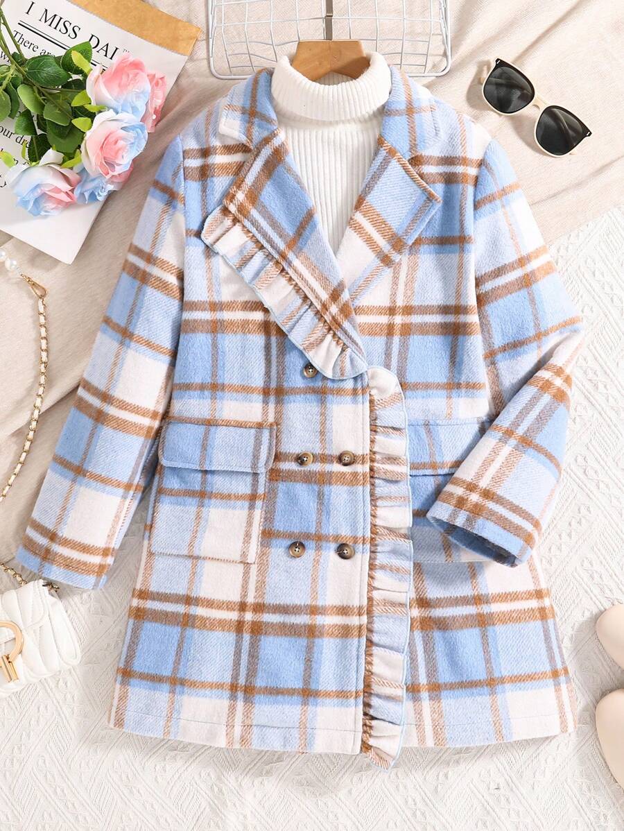 SHEIN Tween Girl Plaid Print Lapel Collar Ruffle Trim Flap Pocket Pea Overcoat - Multicolor - View 1