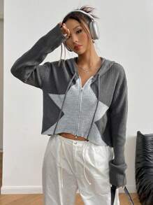 SHEIN Unity Sudadera con capucha y cremallera de uso diario casual con estampado de estrellas y cordón, para otoño/invierno - Gris - Ver 6