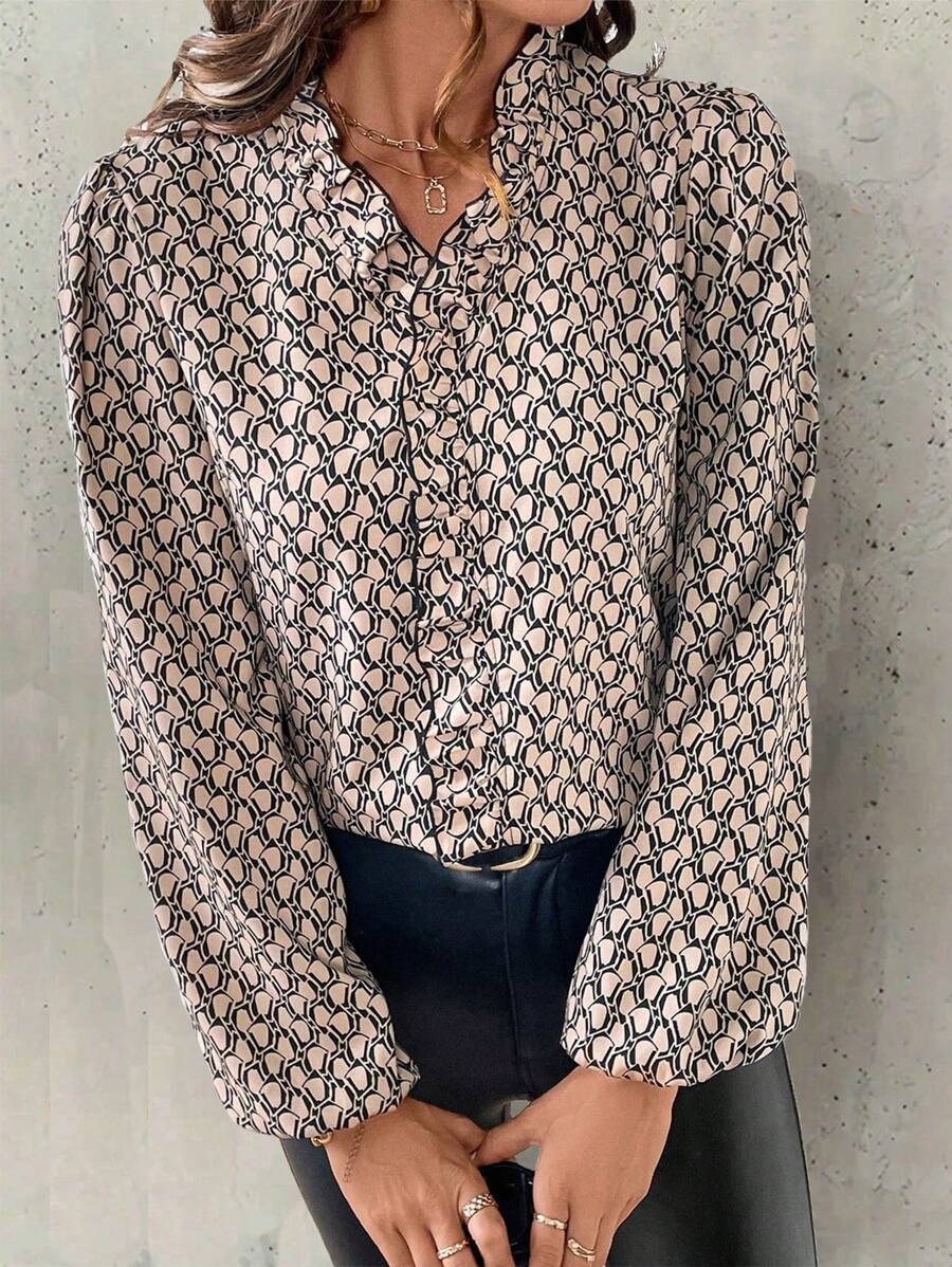 SHEIN LUNE 休闲合身荷叶边领泡泡袖印花衬衫 - 卡其色 - 查看 1