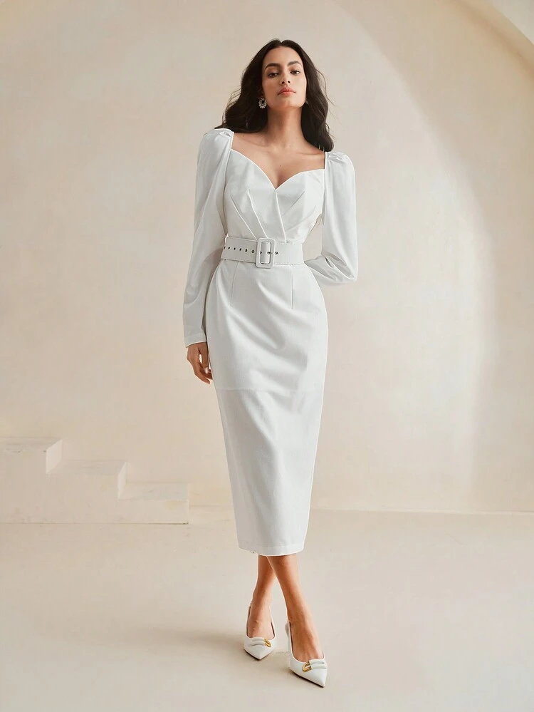 1pc Women Solid Color Straight Double Layer Puff Sleeve Belt Dress