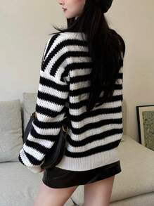 SHEIN Unity Women's Casual Colorblock Striped Bow Decor Sweater, Autumn/Winter