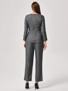 TaskEZ Conjunto de uniforme de trabajo con camisa de manga raglán y pantalones de unicolor, con lazo decorativo en el lateral, blusa de manga corta y pantalones en conjunto de 2 piezas. Traje profesional elegante para damas en oficina, recepción de hotel, salón de belleza, técnica de uñas. Ropa de trabajo