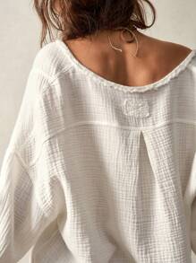 Bohemela Casual Loose V-Neck Drop Shoulder Long Sleeve Woven Blouse For Women - White - View 6