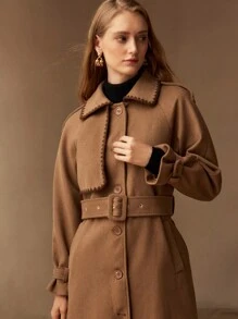 MOTF WOOL CONTRAST STITCH TRIM SLANT POCKET BUCKLE BELTED OVERCOAT - Camel - View 4