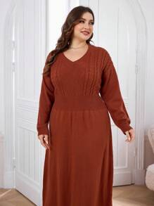 Modelyn Plus Size Women V-Neck Twist Cable Solid Color Dress - Redwood - View 6