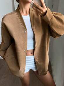 DAZY 女士纯色宽松长袖口袋棒球夹克，秋季女装