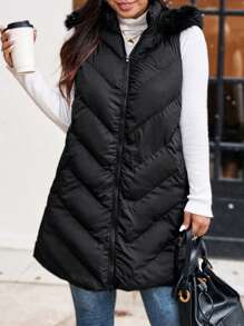 Franclia Chaleco acolchado con capucha y cuello esponjoso para mujer de talla grande, prendas de vestir de invierno