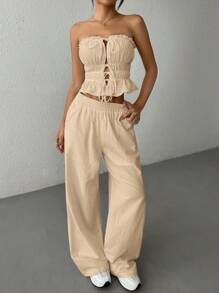 SHEIN EZwear 女士新款亚麻紧身胸衣上衣和裤子套装