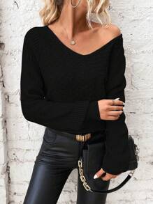 EMERY ROSE 女士撞色蕾丝 V 领镂空后背长袖休闲毛衣、长袖上衣 - 黑色 - 查看 3