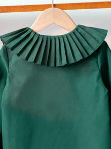 SHEIN Young Girl Elegant Collared Ruffle Sleeve White Long Sleeve Casual Blouse, Suitable For Fall, Winter, School, Back-To-School, Formal Events, Daily Wear,Holiday,Summer,Travel