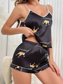 Set de pijama de 2 piezas con camiseta de tirantes y pantalones cortos con estampado de corona y ribete de contraste en seda artificial