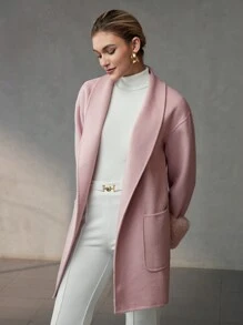 MOTF PREMIUM WOOL SHAWL COLLAR FLUFFY CUFF PATCH POCKET BELTED OVERCOAT - Baby Pink - View 5