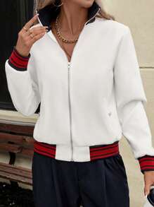 SHEIN Clasi Women 2024 White Collar Long Sleeve Contrast Color Jacket Fall Cloth For Women - White - View 1