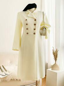 SHEIN Frenchy Plus Size Solid Color Double-Breasted Long Sleeve Elegant Jacket Fall/Winter - Apricot - View 1
