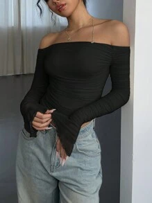 Aloruh 女式纯色长袖修身露肩短款T恤，秋季 - 黑色 - 查看 4