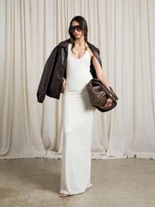 AiiRZ 金属饰边细节挂脖修身紧身长裙 - 杏色 - 查看 4